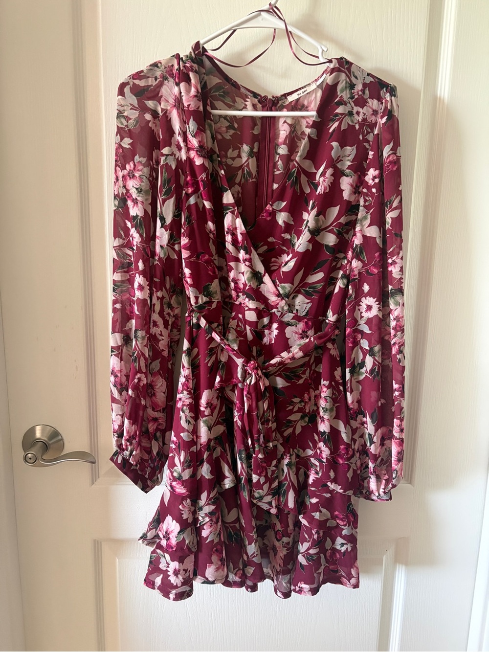 mi ami Burgundy Floral Mini Dress with Pink and Green Accents…fits like a med